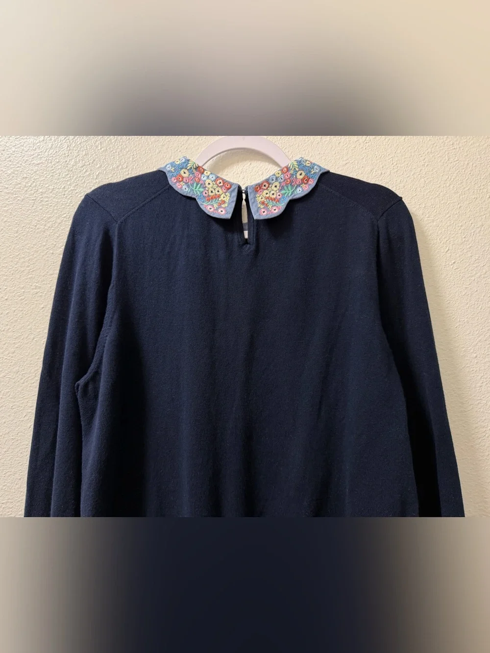 Boden Colette Sweater Floral Embroidered Scalloped Collar Stretch Blue Womens XL - Picture 6 of 9